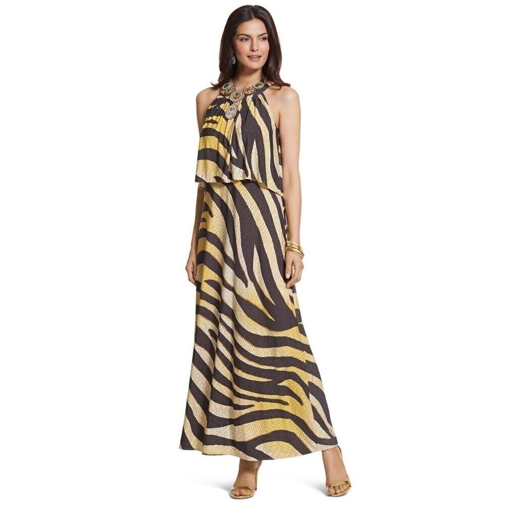 Chico's Black And Gold Zebra Print Jersey Sleeveless Halter Neck Maxi Dress S